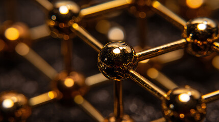 Golden molecular structure with interconnected spheres and rods