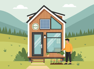 Eco friendly tiny house with solar panel in a scenic, grassy, mountainous landscape. A man waters flowers by the front porch.