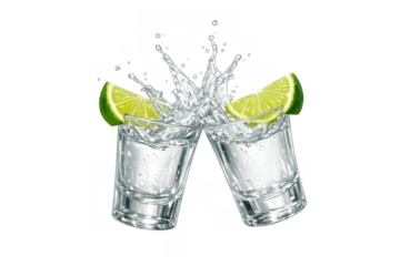 Tequila shot glasses clinking with lime slices and splashing liquid, celebrating party and alcoholic drink concept