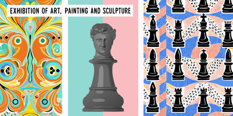 An artistic composition featuring butterfly art a bust and a chess pattern