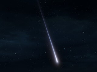Bright meteoroid in the night sky. Fireball among the stars. Meteorite from space in the Earth's atmosphere.