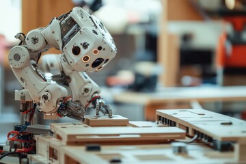 Robotic arm assembling wooden components in a workshop with advanced technology