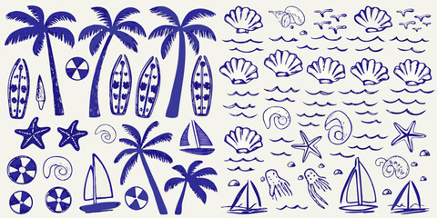 Blue and white summer illustrations of tropical elements and ocean motifs © Apurba