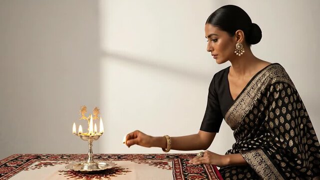 Elegant Indian woman in traditional black saree lighting diya for Diwali festival. Hindu cultural and spiritual celebration with oil lamp. Copy space for text