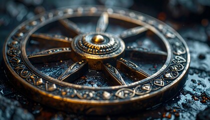 Detailed metallic emblem of Ashoka Chakra on dark moody background for Republic day India