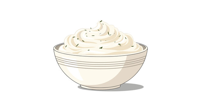 Bowl filled with smooth white cream or savory dip garnished with fresh green herbs presented as a clean vector illustration.
