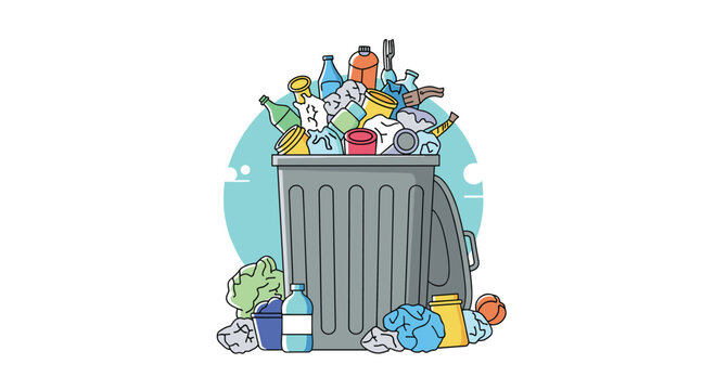 Metal trash can overflowing with different types of household garbage like plastic bottles, crumpled paper, and organic waste.