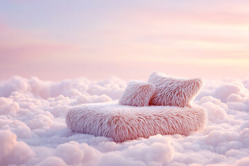 Soft fluffy pink bed floating on pastel clouds at sunset, dreamy surreal bedroom concept representing comfort, luxury sleep, fantasy interior and relaxation.