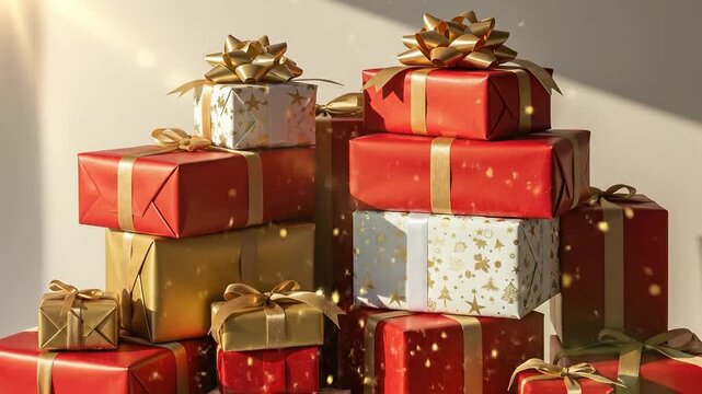 Large pile of stacked Christmas gifts in red and gold wrapping paper. Holiday presents with shiny golden ribbons and bows for festive celebration