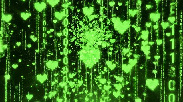 Heart Shape Forming From Binary Stream on Digital Matrix Background