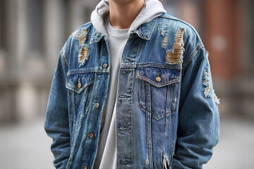 Distressed denim jacket layered over hoodie, showcasing modern street fashion, casual style, and urban lifestyle.
