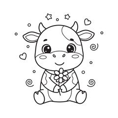 Obraz premium Cute Baby Cow Coloring Page Kawaii Calf Cartoon Black and White Line Art Illustration