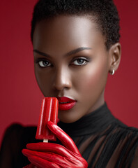 Woman enjoying a red popsicle in studio portrait, combining beauty, fashion, sensual mood, and modern lifestyle concept.