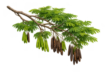 Acacia tree branch with green leaves and ripening long seed pods, featuring both green and brown legumes, on transparent background