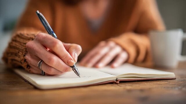 Closeup of hands holding a pen journaling personal thoughts and emotions as a therapeutic method to manage daily stress.