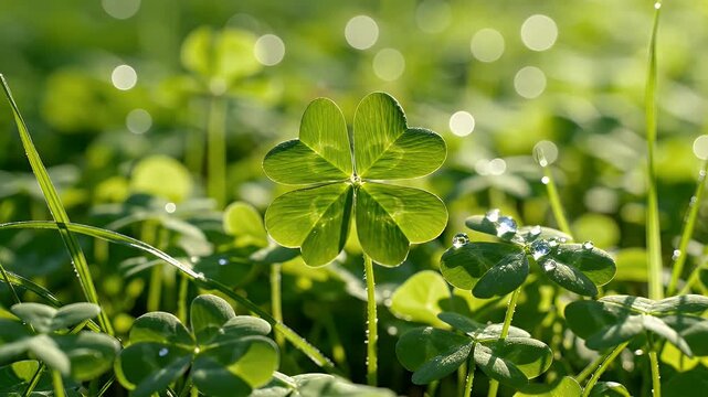 Lucky Four Leaf Clover Patch Background, Green Field of Clovers in Summer Day