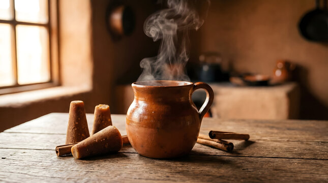 Steaming hot Caf&eacute; de Olla in a clay mug with piloncillo and cinnamon on a wooden table.