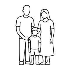 Símbolo familia. Dibujo de trazo único de hombre y mujer con hijo de pie © teracreonte