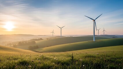 Obraz premium Wind turbines stand tall on rolling green hills under a beautiful sunrise, symbolizing renewable energy and a sustainable future.