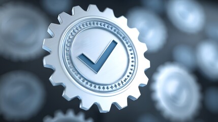 Close-up of a silver gear with a blue checkmark, signifying quality and precision. The gear is in focus, set against blurred gears, symbolizing seamless integration and reliability.