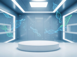 Futuristic laboratory with glowing DNA strands and a white podium for presentation