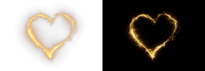 Futuristic golden heart with electric yellow lightning and glowing energy on a PNG background. Conceptualizing love, power, and fantastical emotions.