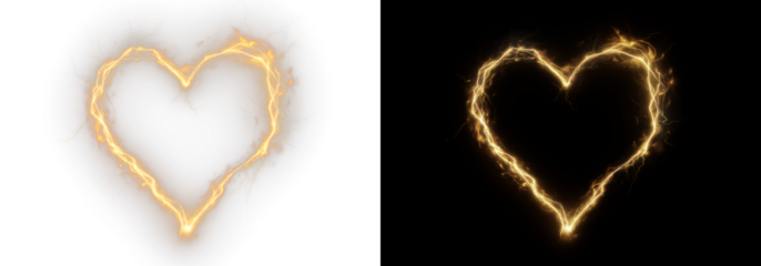 Golden electric heart surrounded by lightning bolts on a PNG background symbolizes strong love, passion, and emotion.