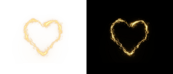 Glowing gold electric heart with a yellow lightning bolt in the background in PNG format. Symbol of love, passion, and powerful energy.