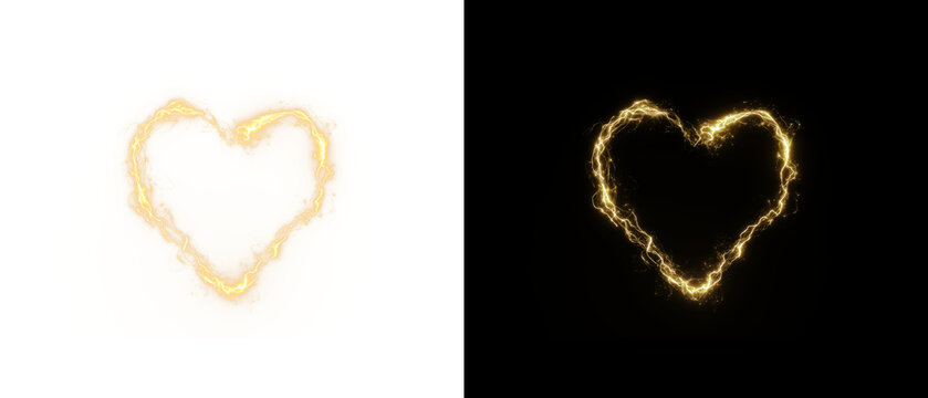Glowing gold electric heart with a yellow lightning bolt in the background in PNG format. Symbol of love, passion, and powerful energy.
