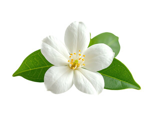Obraz premium Close-up of a delicate white flower with vibrant green leaves against a black backdrop