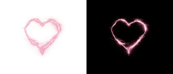 Glowing neon electric heart with bright pink lightning bolts on a transparent PNG background. Symbolizes love, passion, energy, and emotional intensity.