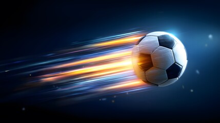 Fototapeta premium A soccer ball is moving at high speed, surrounded by glowing lines that convey a sense of motion and power. Symbolizing sports, energy, competition, and the thrill of victory.
