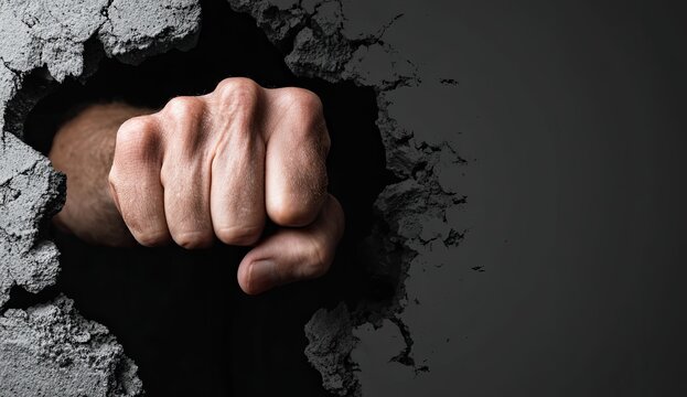 Powerful human fist punching through a gray wall, creating debris and an opening