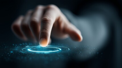 Human finger touches a glowing circular interface with concentric rings and floating blue particles. Stylized concept for digital interaction, augmented reality and futuristic control systems design.