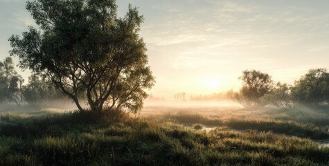 Serene landscape trees in a misty meadow, bathed in soft sunlight at dawn or dusk