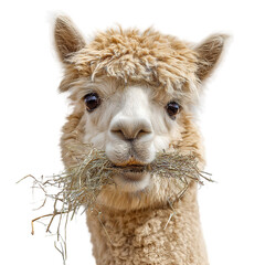 Alpaca Portrait in Soft Focus with Hay in Mouth on White Background for Animal Lovers