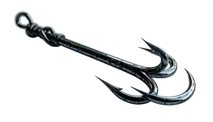 Metallic, detailed three-pronged fishing hook against a black background