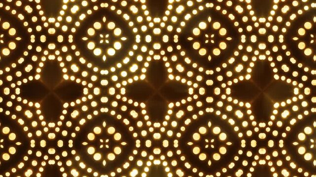 arabesque ornament kaleidoscope mosaic pattern animation, golden lighted abstract floral pattern isolated on brown background for travel, holidays and celebration backdrop