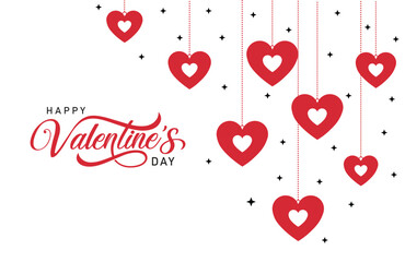 Happy Valentine's Day vector illustration features hanging red hearts with sparkling stars on a white background, elegant script text, and festive design perfect for greetings, card. © bibin