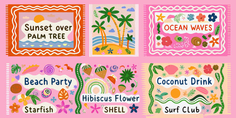 Colorful summer themed illustrations featuring beach scenes and tropical elements © Apurba