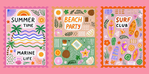 Colorful summer themed postage stamps with beach and surf illustrations © Apurba