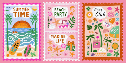 Colorful summer themed postage stamps with tropical elements and beach scenes