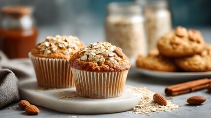 Delicious oatmeal muffins on a marble board. The muffins are topped with sliced almonds and oats. Cinnamon sticks, oatmeal, and almond in foreground add to the cozy, wholesome vibe.