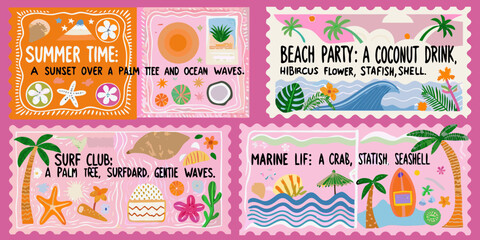 Colorful summer postcard set featuring tropical themes beach scenes and hibiscus flowers © Apurba