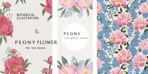 Floral peony patterns and botanical illustrations on a vertically oriented design © Apurba