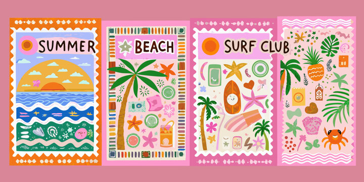 Colorful summer themed postage stamps displaying beach and surf club imagery