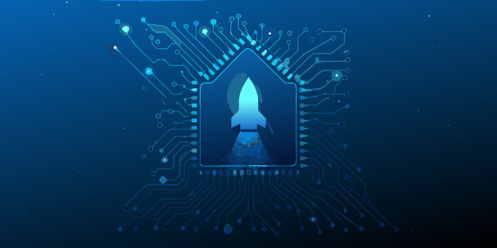 Digital launch a rocket taking off within a circuit board frame