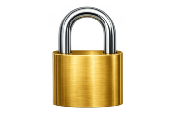 Golden brass padlock blocking access, ensuring data privacy and digital security with chrome shackle