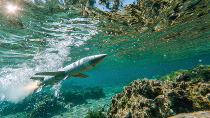 Obraz premium Underwater missile gliding through crystal-clear waters near rocky formations in a tranquil ocean setting during bright daylight hours
