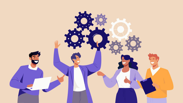 Teamwork and innovation people collaborating with gears representing complex systems